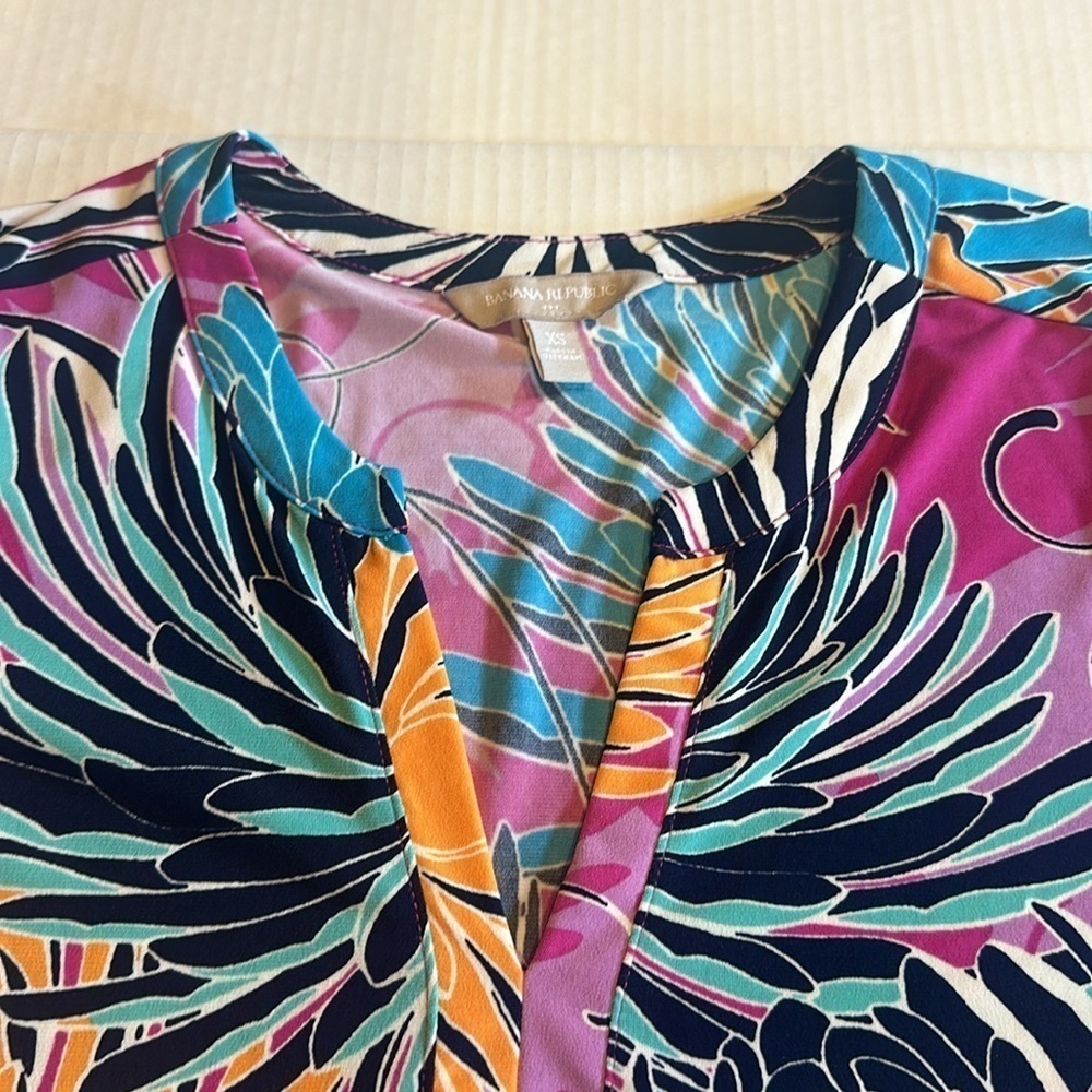 Banana Republic floral tropical colorful Vneck mini dress shirt elbow sleeves - Picture 5 of 8